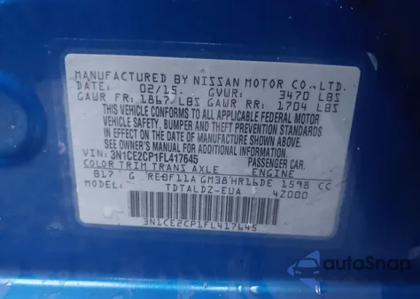 2015 Nissan Versa Note S (Sr)/S Plus/Sl/Sr/Sv from USA, damaged, VIN 3N1CE2CP1FL417645